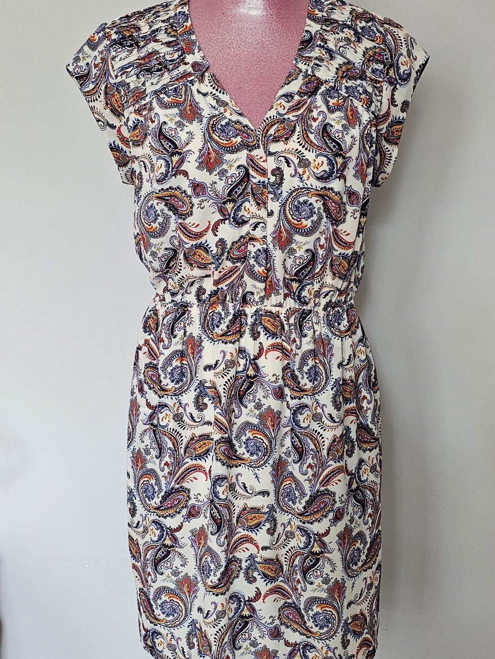 DR2 Paisley V-Neck Cap Sleeve Midi Dress With Pockets